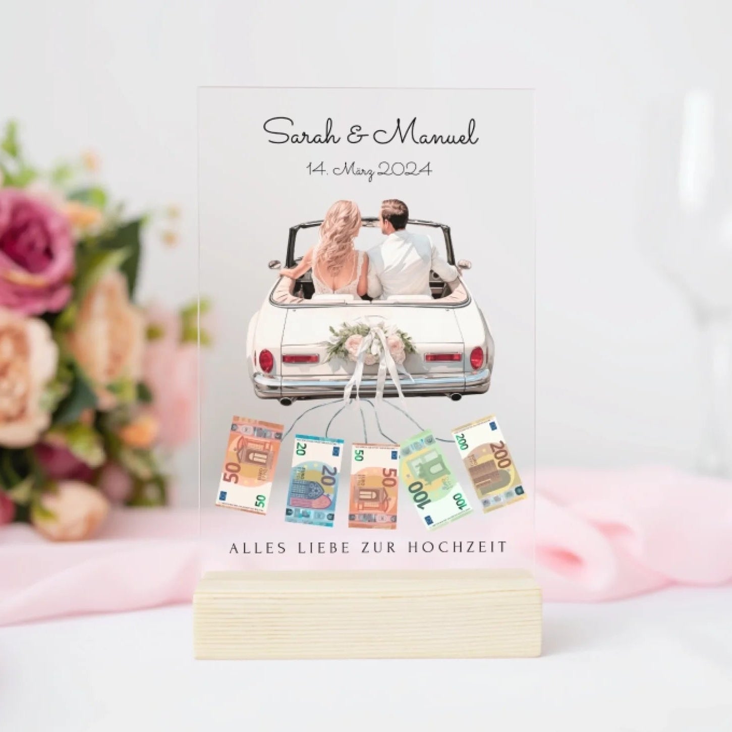 „Just Married“ - Personalisiertes Acryl Glas als Geldgeschenk zur Hochzeit