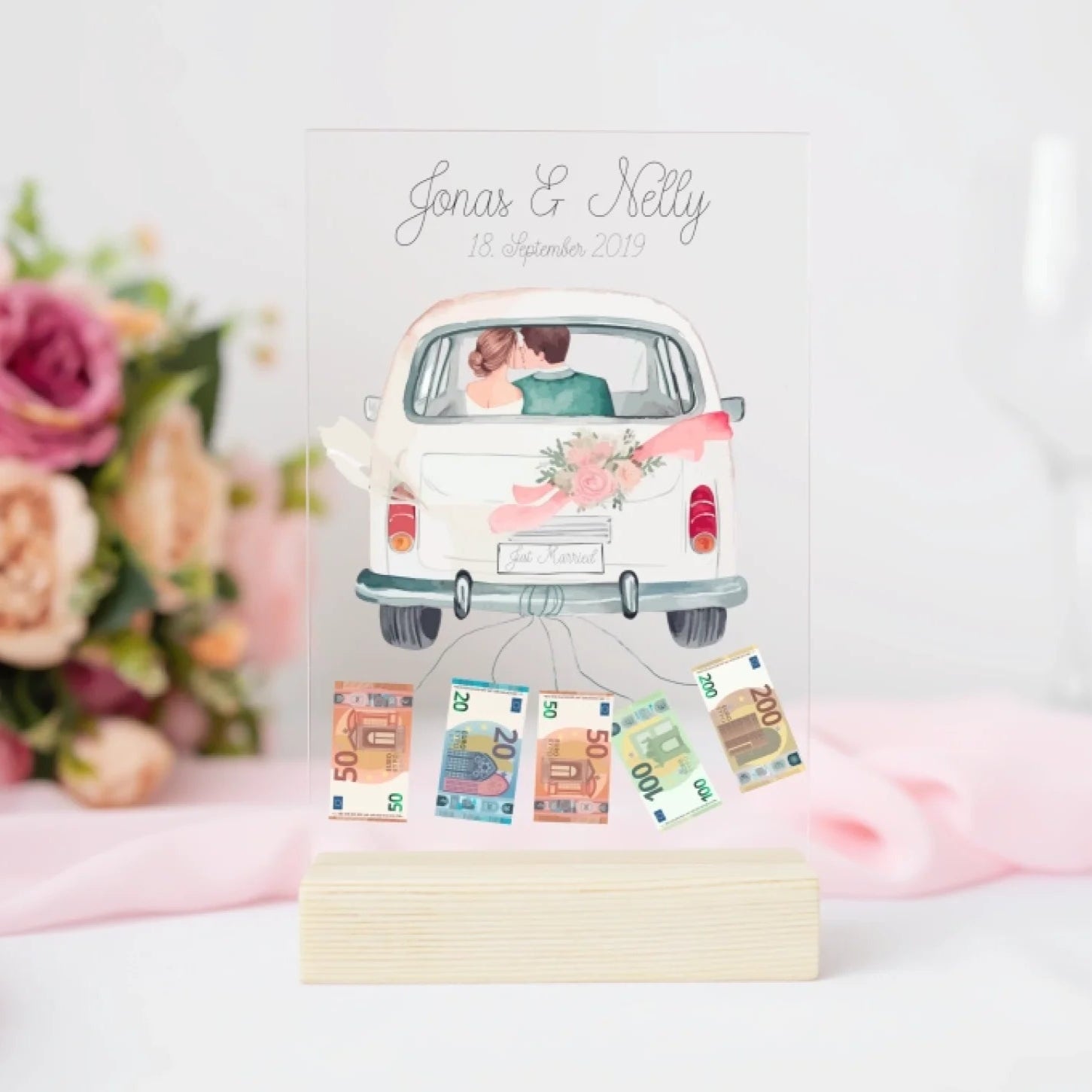 „Just Married“ - Personalisiertes Acryl Glas als Geldgeschenk zur Hochzeit