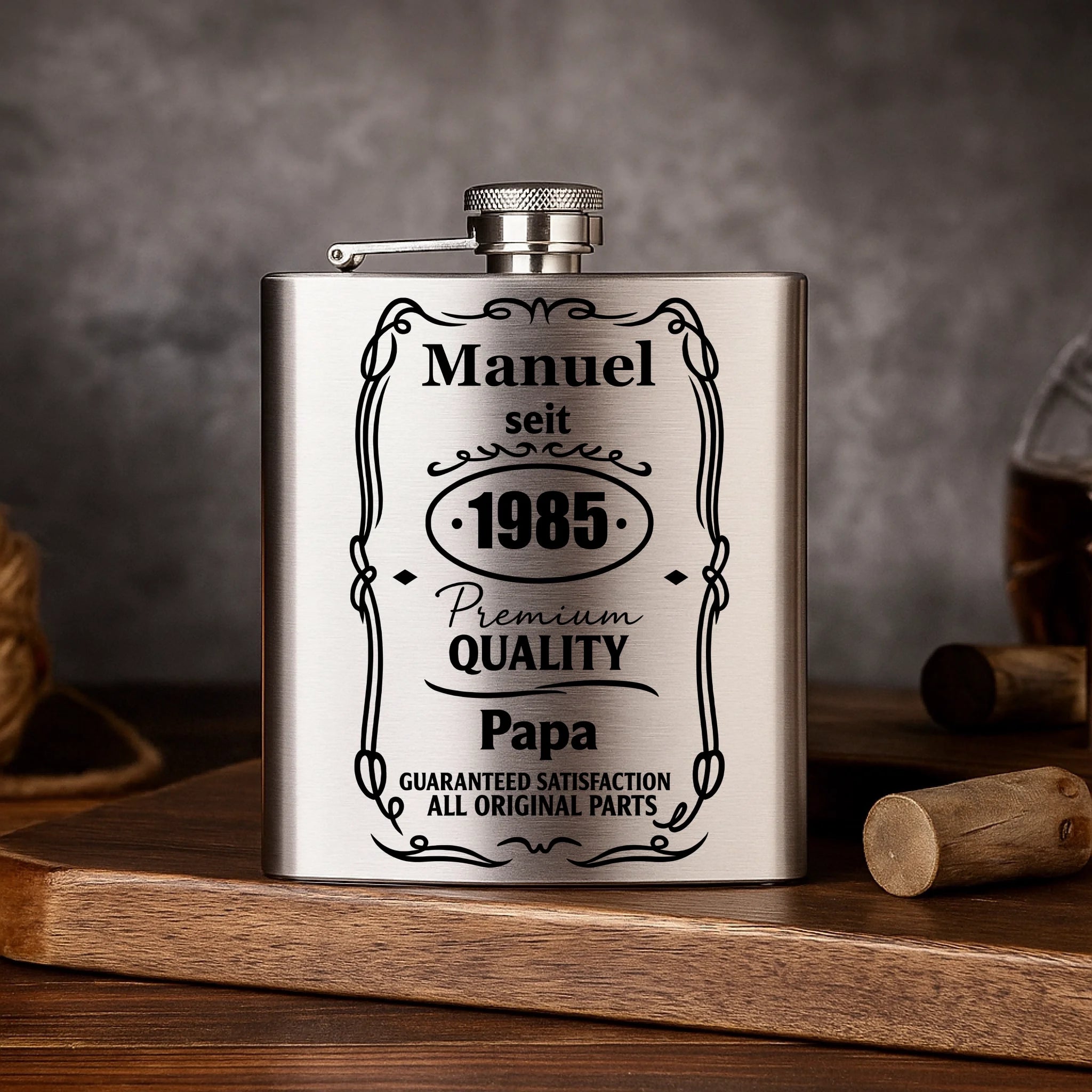 Flachmann Mockup 3 - Holztisch mit Flasche