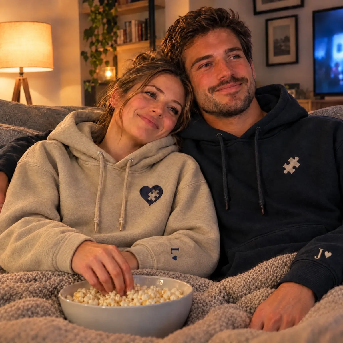 Paar beim Filmabend in Partner Hoodies Navy und Sand