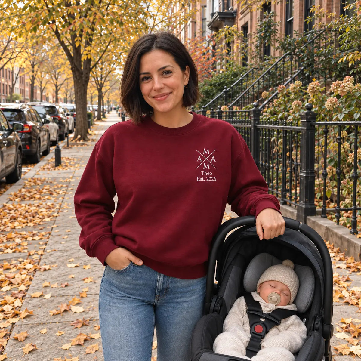"Mama Crossedâ - Personalisiertes Sweatshirt mit Kindernamen und Datum