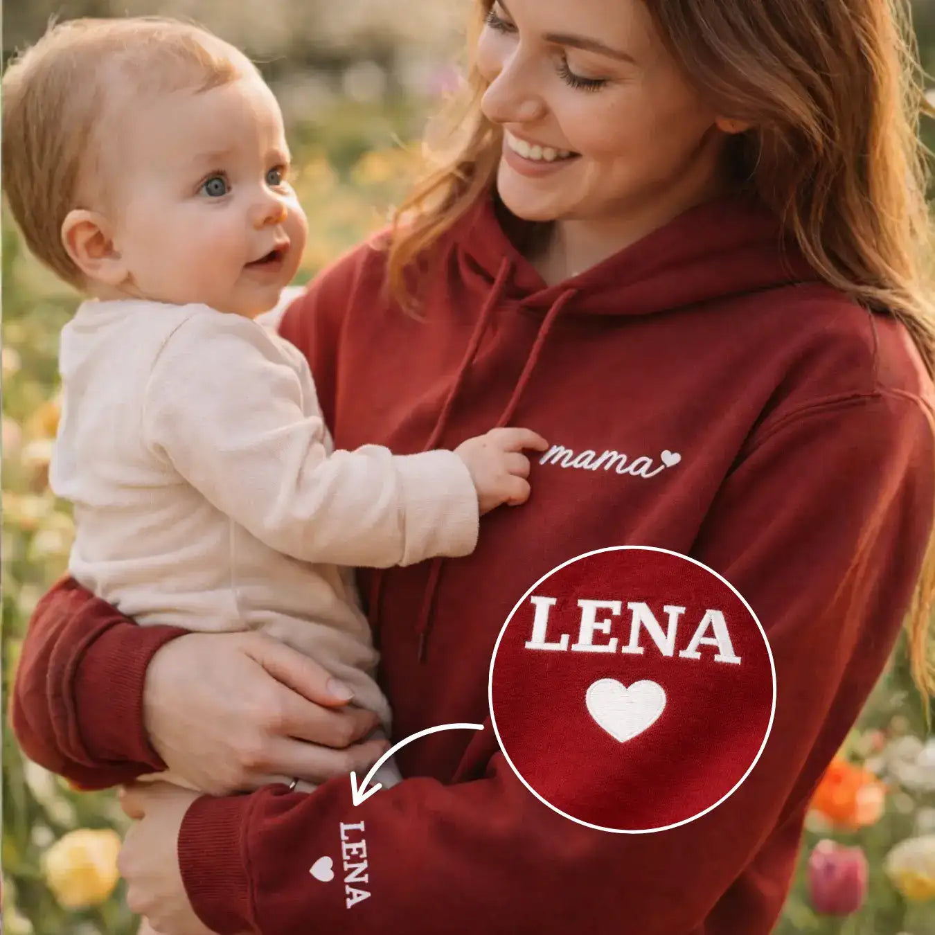 "mama" - Personalisierter, bestickter Hoodie mit Kindernamen