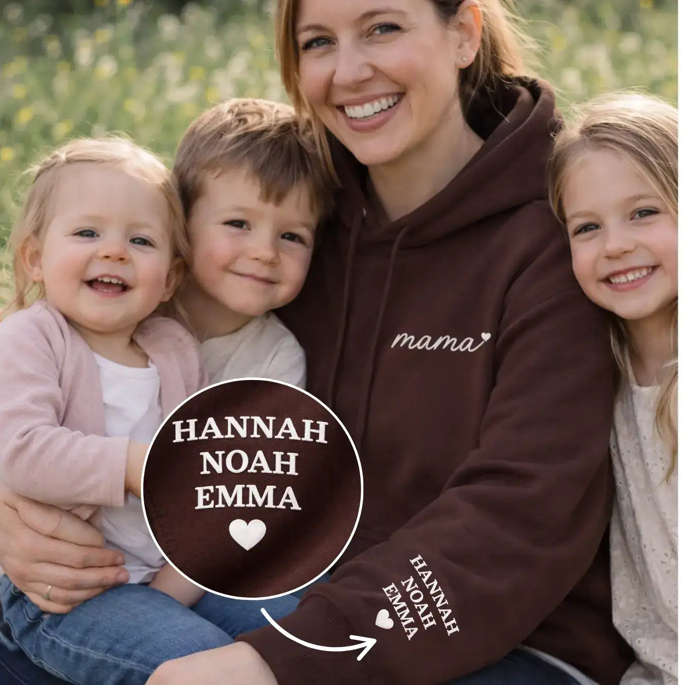 "mama" - Personalisierter, bestickter Hoodie mit Kindernamen