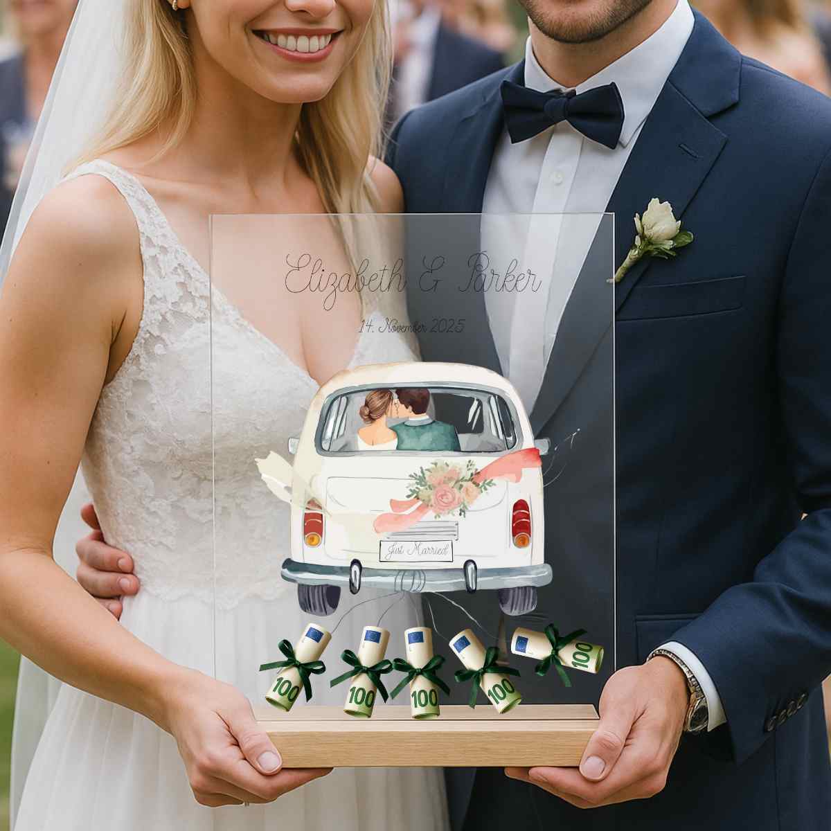 „Just Married“ - Personalisiertes Acryl Glas als Geldgeschenk zur Hochzeit