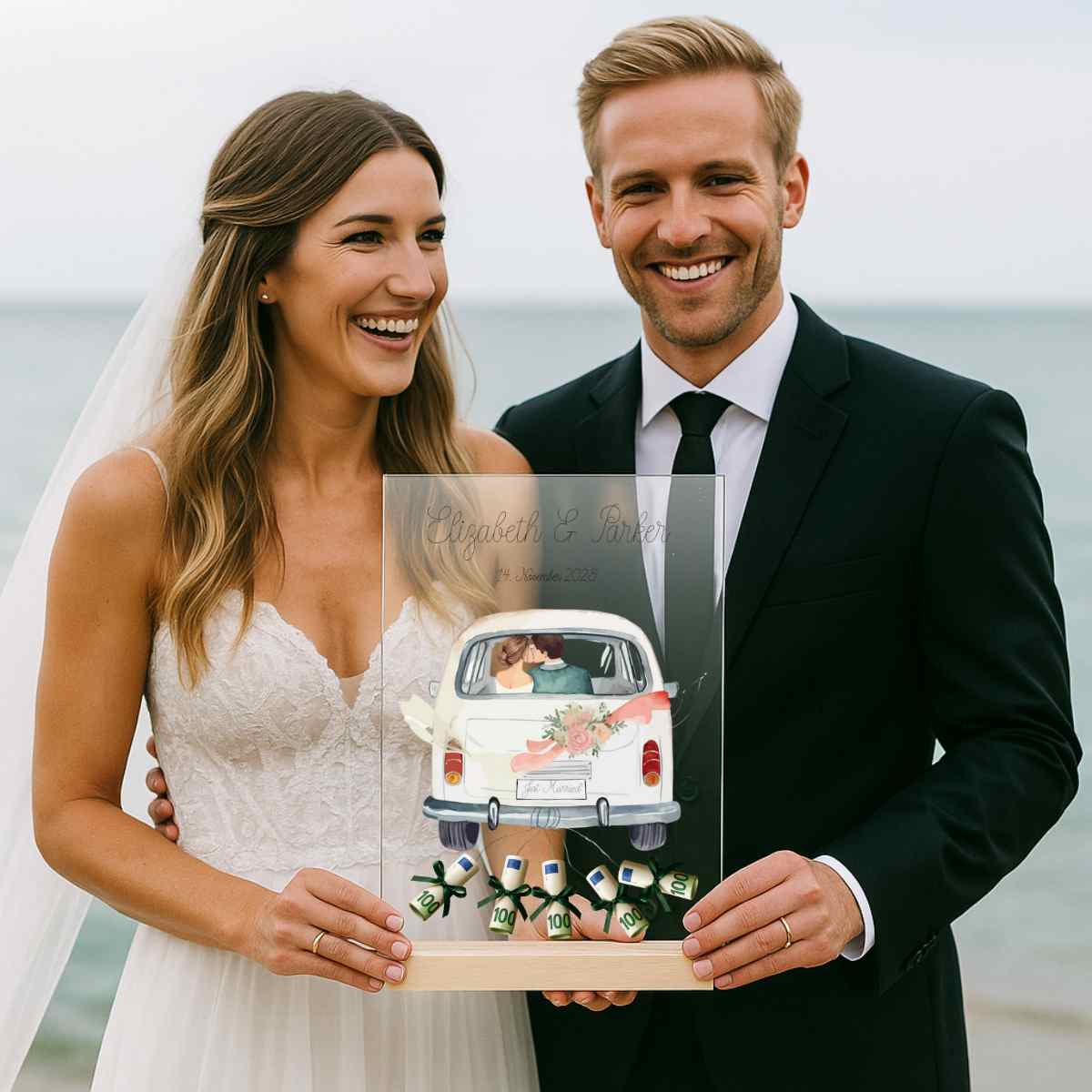 „Just Married“ - Personalisiertes Acryl Glas als Geldgeschenk zur Hochzeit