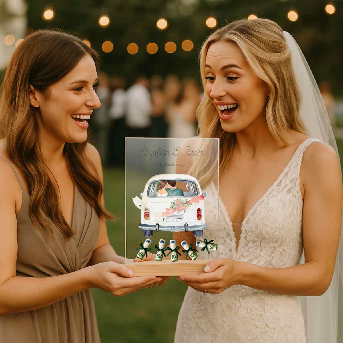 „Just Married“ - Personalisiertes Acryl Glas als Geldgeschenk zur Hochzeit