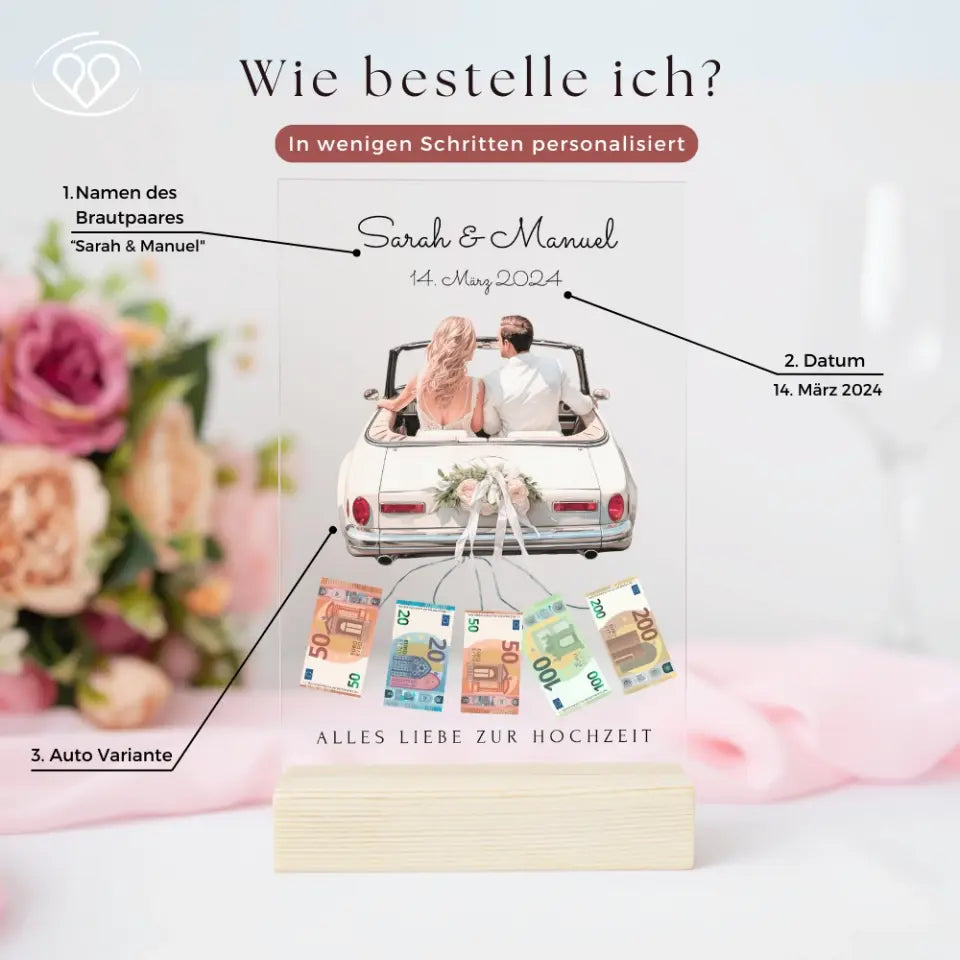 „Just Married“ - Personalisiertes Acryl Glas als Geldgeschenk zur Hochzeit