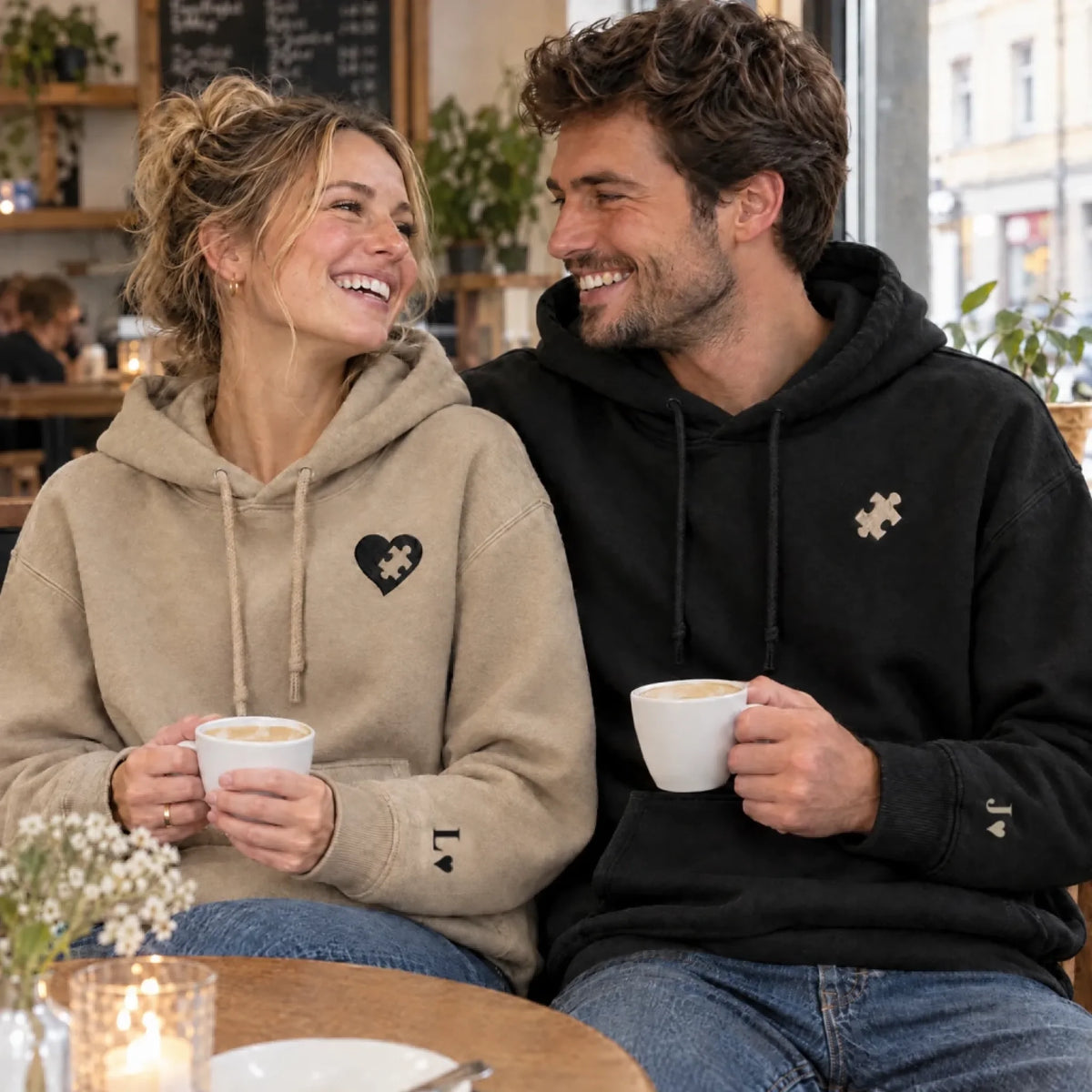 Partner Hoodies mit gesticktem Puzzleteil und Herz – Paar im Café, Schwarz und Sand