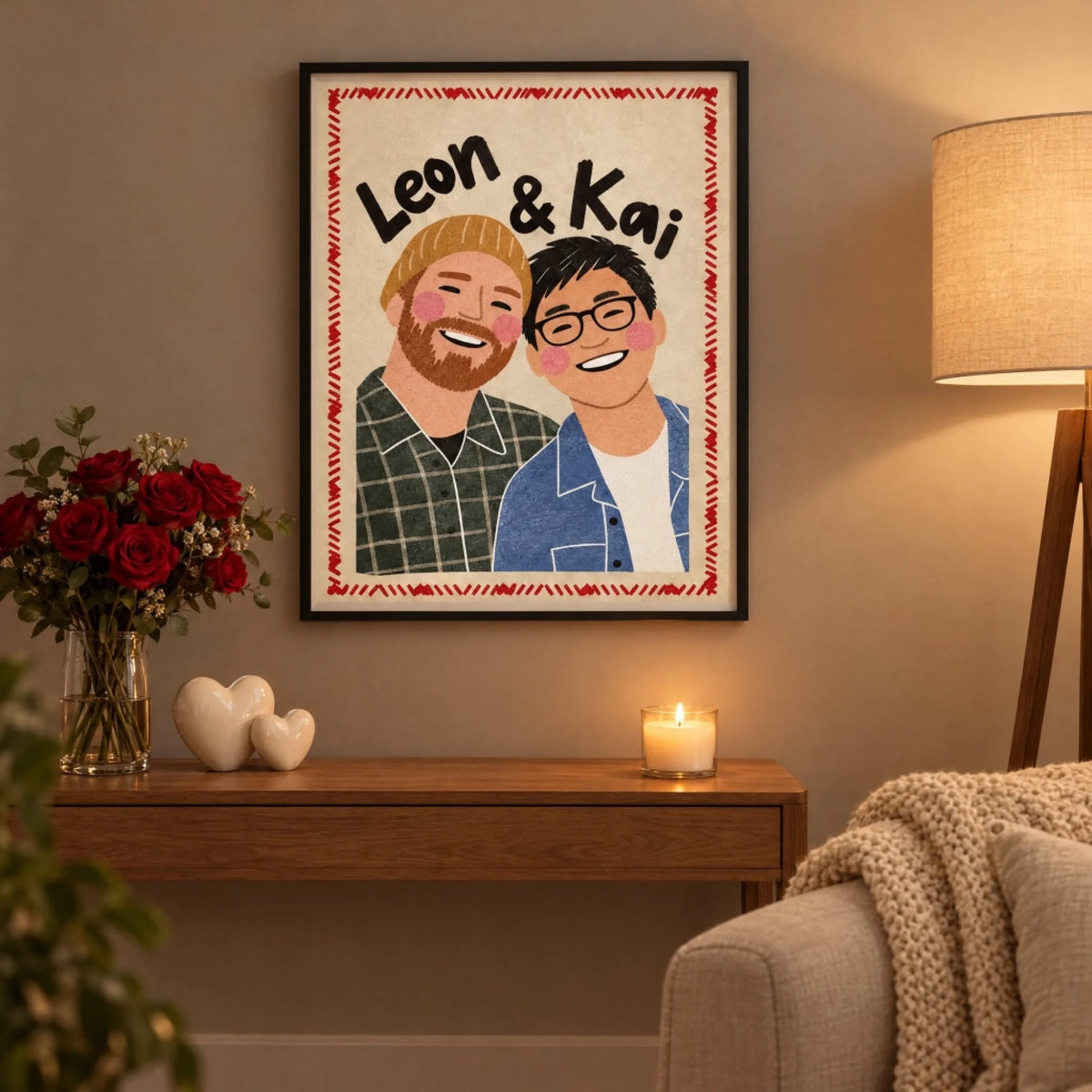 Personalisiertes Paarporträt im Wohnzimmer